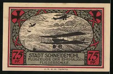 Notgeld Schneidemühl, 75 Pfennig, Wappen, Flugzeuge der Fliegerschule