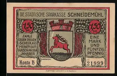 Notgeld Schneidemühl, 1,50 Mark, Wappen, Wohnung der Königin Luise während ihrer Flucht