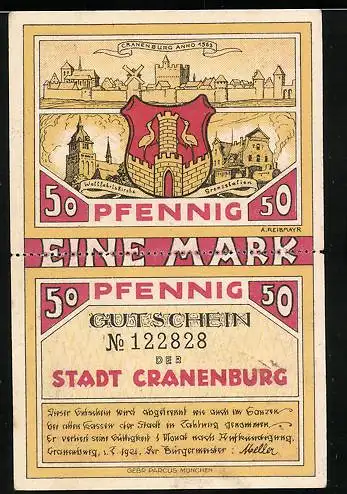 Notgeld Cranenburg 1921, 2x 50 Pfennig, Wallfahrtskirche, Grenzstation, Wappen