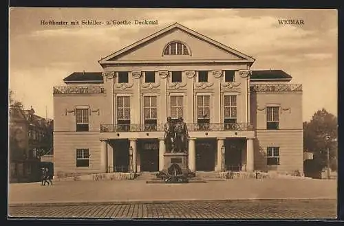 AK Weimar / Thür., Hoftheater mit Schiller- u. Goethe-Denkmal