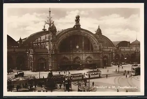 AK Frankfurt, Hauptbahnhof mit Strassenbahnen