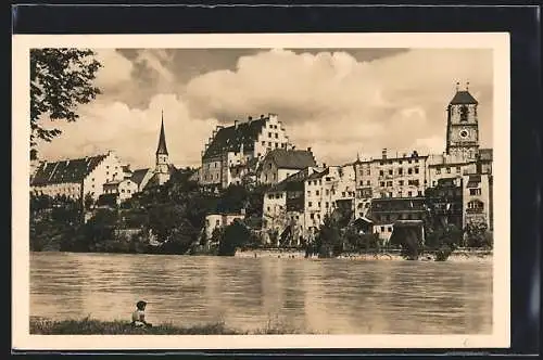 AK Wasserburg / Inn, Ortspanorama vom Inn