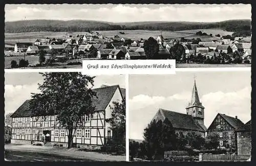 AK Schmillinghausen /Waldeck, Gast- und Pensionshaus Gröticke H. Teuteberg, Hauptstrasse 84, Kirche, Ortspanorama