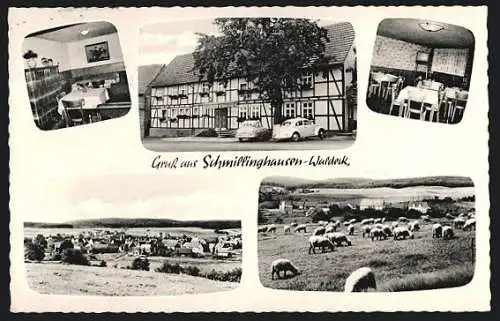 AK Schmillinghausen /Waldeck, drei Ansichten von Pension und Gasthaus Gröticke und zwei Ortsansichten