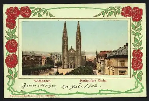 AK Wiesbaden, Katholische Kirche mit Rosen