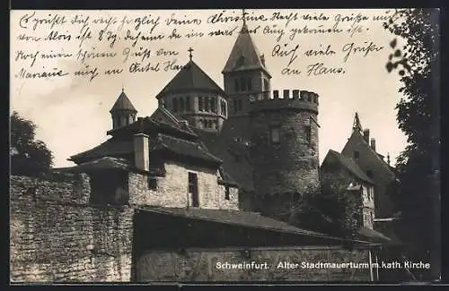 AK Schweinfurt, Alter Stadtmauerturm mit katholischer Kirche