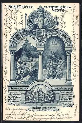 Lithographie Trifels, Reichsveste XII. u. XIII. Jahrhundert, Friedrich Barbarossa, Sängerblondel, Richard Löwenherz