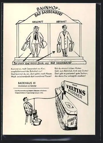 Künstler-AK Bad Sassendorf /Krs. Soest, Bahnhof, Badehaus und Inhalatorium, Reklame für Veltins Pilsener