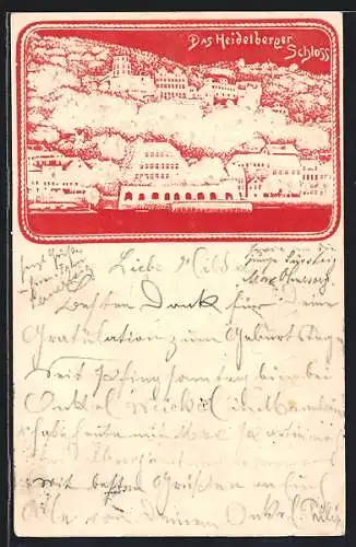 Lithographie Heidelberg, Ortsansicht mit Schloss