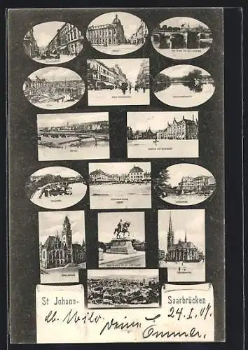AK Saarbrücken-St. Johann, Eisenbahnstrasse mit Geschäften, Hafen, Saalbau mit Markthalle