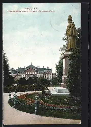 AK Arolsen, Kaiser Wilhelm-Denkmal und Blick aufs Residenzschloss