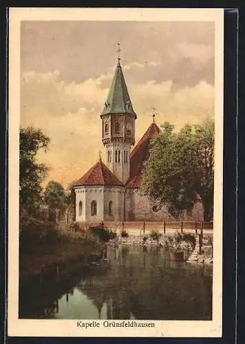 AK Grünsfeldhausen, Kapelle mit Teich