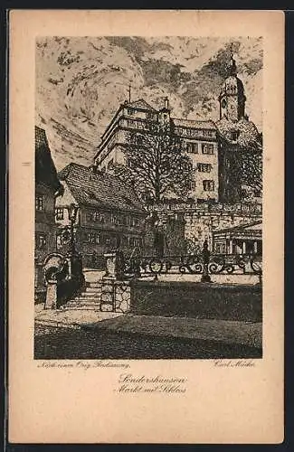 Künstler-AK Sondershausen / Thüringen, Markt mit Schloss