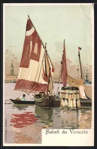 Lithographie Venedig, Segelboote vor der Stadt