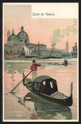 Lithographie Venedig, Gondoliere vor Stadtansicht