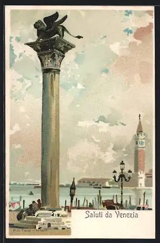 Lithographie Venedig, Säule mit geflügeltem Löwen am Ufer