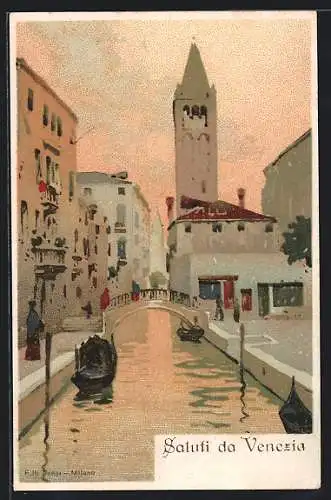 Lithographie Venedig, Kanalpartie mit Gondel und Turm