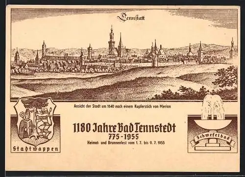 AK Bad Tennstedt, Ansicht der Stadt um 1640 nach einem Kupferstich von Merian, Stadtwappen