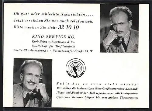 AK Reklame für Kino-Service KG, Karl-Heinz von Risselmann, Gesellschaft für Tonfilmtechnik