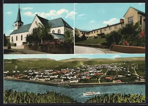 AK Nittel /Obermosel, Ortsansicht mit Dampfer, Kirche, Wohnhaus