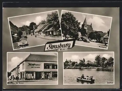 AK Strasburg, Altstädter Strasse mit Geschäften und Passanten, Kaufhaus des Bauern, Marktplatz