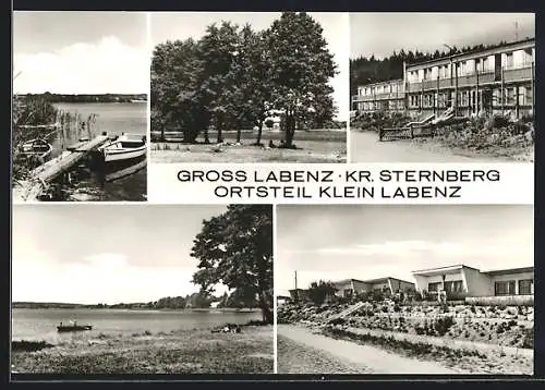 AK Gross Labenz /Kr. Sternberg, Schiffe am Steg, Ortsteil Klein Labenz mit Wohnhäusern am Strand