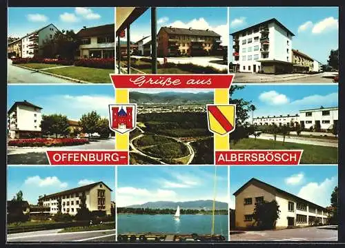 AK Offenburg-Albersbösch, Häuserpartien im Stadtteil, Blick auf den See