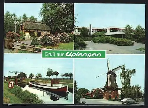AK Uplengen, Blick nach der Kirche, Fachtkahn mit Brücke, Windmühle