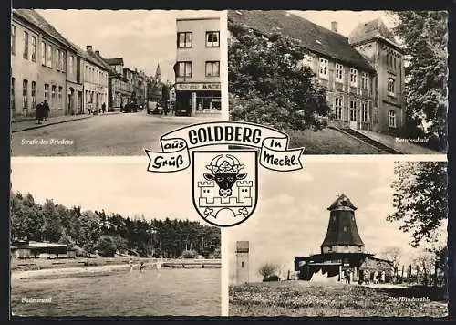 AK Goldberg in Meckl., Strasse des Friedens, Berufsschule, Alte Windmühle