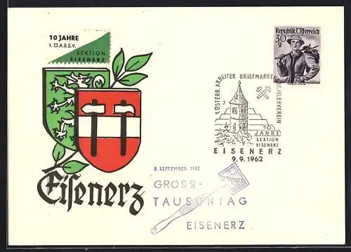AK Eisenerz, 10 Jahre 1. Österr. Arbeiter Briefmarkensammelverein 1962, Stadtwappen