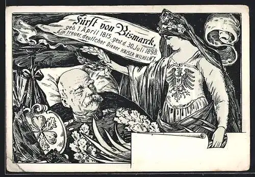 AK Fürst Otto von Bismarck im Totenbett und Frau mit Kranz, 1815-1898