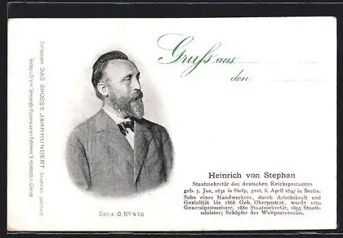 AK Heinrich von Stephan, Sekretär des deutschen Reichspostamtes, Postgeschichte