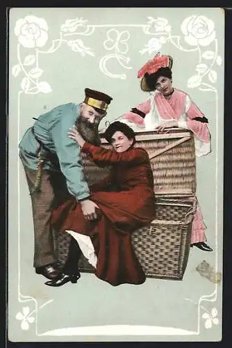 AK Page und Frau mit Dame am Korb