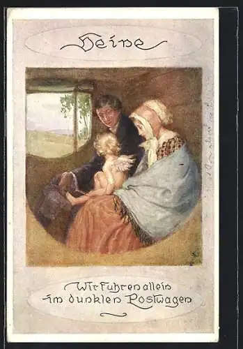 Künstler-AK Brüder Kohn (B.K.W.I) Nr. 391 - 2: Heinrich Heine, Wir fuhren allein im dunklen Postwagen, Liebespaar, Amor