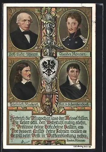 Künstler-AK Joh. Ludwig Uhland, Karl Theodor Körner, Friedrich Rückert und Max von Schenkendorf