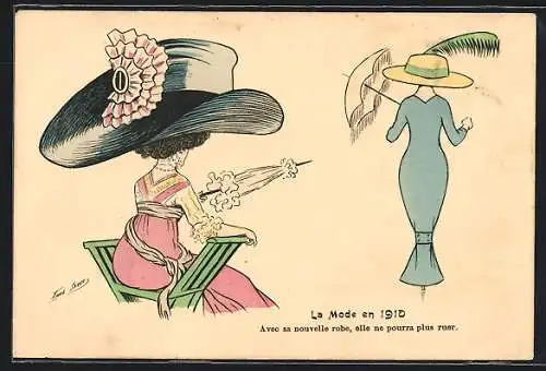 Künstler-AK Xavier Sager: La Mode en 1910, Riesige Hüte und enge Kleider