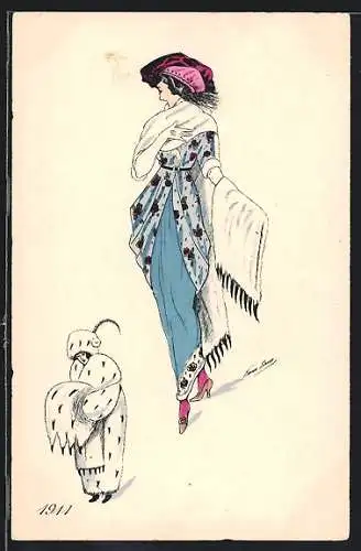 Künstler-AK Xavier Sager: Schöne Frau im blauen Kleid mit Pelz