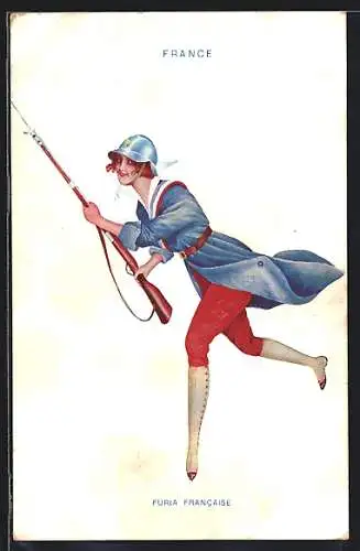 Künstler-AK Xavier Sager: Französische Soldatin mit Gewehr