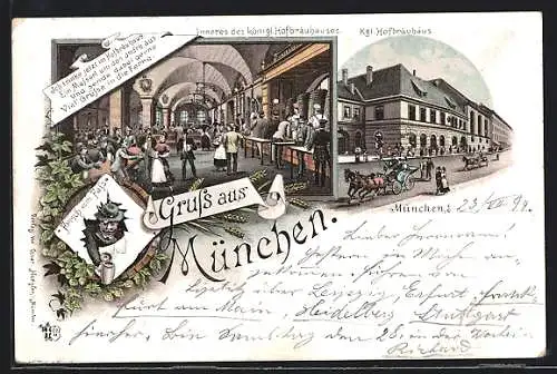 Vorläufer-Lithographie München, 1894, Münchner Hofbräuhaus mit Innenansicht