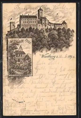 Lithographie Eisenach, Wartburg Restaurant, Totalansicht der Wartburg, Ganzsache