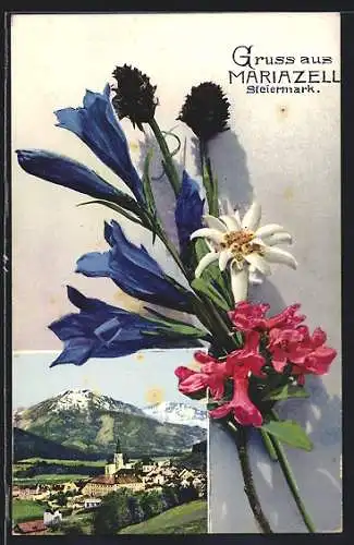 AK Mariazell, Ansicht von weitem, Blumenmotiv, Enzian, Edelweiss