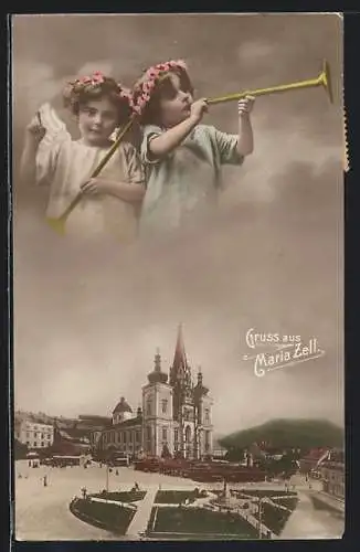 AK Maria-Zell, Kirche und Engel mit Fanfare