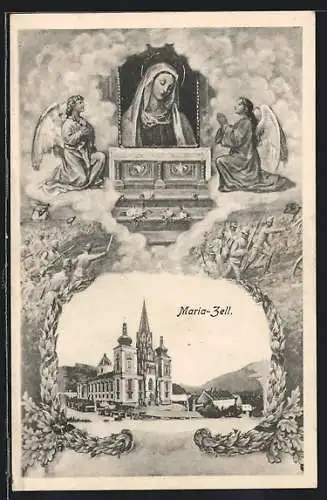 AK Maria-Zell, Kirche und Marienbild mit Engeln