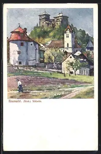Künstler-AK Neumarkt, Ortspartie mit Kirche, Südseite