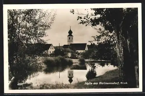 AK Hartmannsdorf, Uferpartie mit Kirche