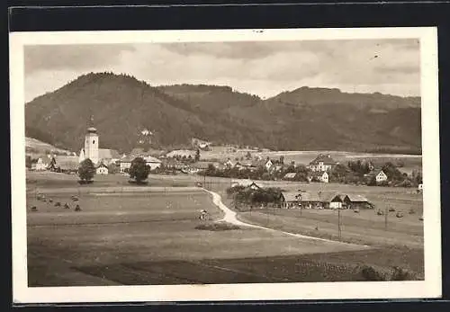 AK St. Lorenzen /Mürztal, Gesamtansicht mit Kirche im Tal