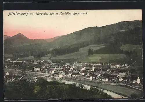 AK Mitterdorf /Mürztal, Gesamtansicht am Fluss im Tal