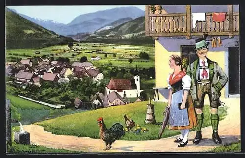 AK Altenmarkt an der Enns, Teilansicht und Paar in Tracht