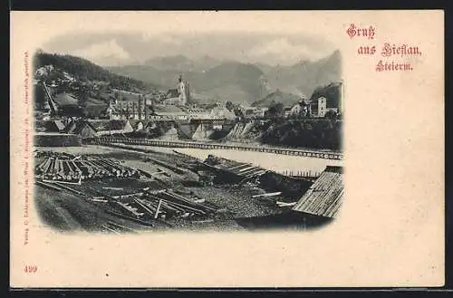 AK Hieflau /Sterm., Ortsansicht von einer Baustelle, Blick über den Fluss auf die Kirche