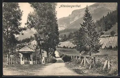 AK Altenbergerthal, Wegpartie mit Spaziergängerin am Heiligenhäuschen